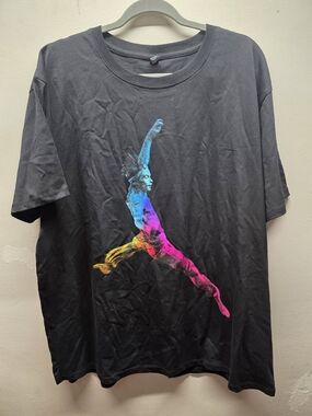 Black Short-Sleeve Graphic Crewneck T-Shirt with Multicolor Jump Print